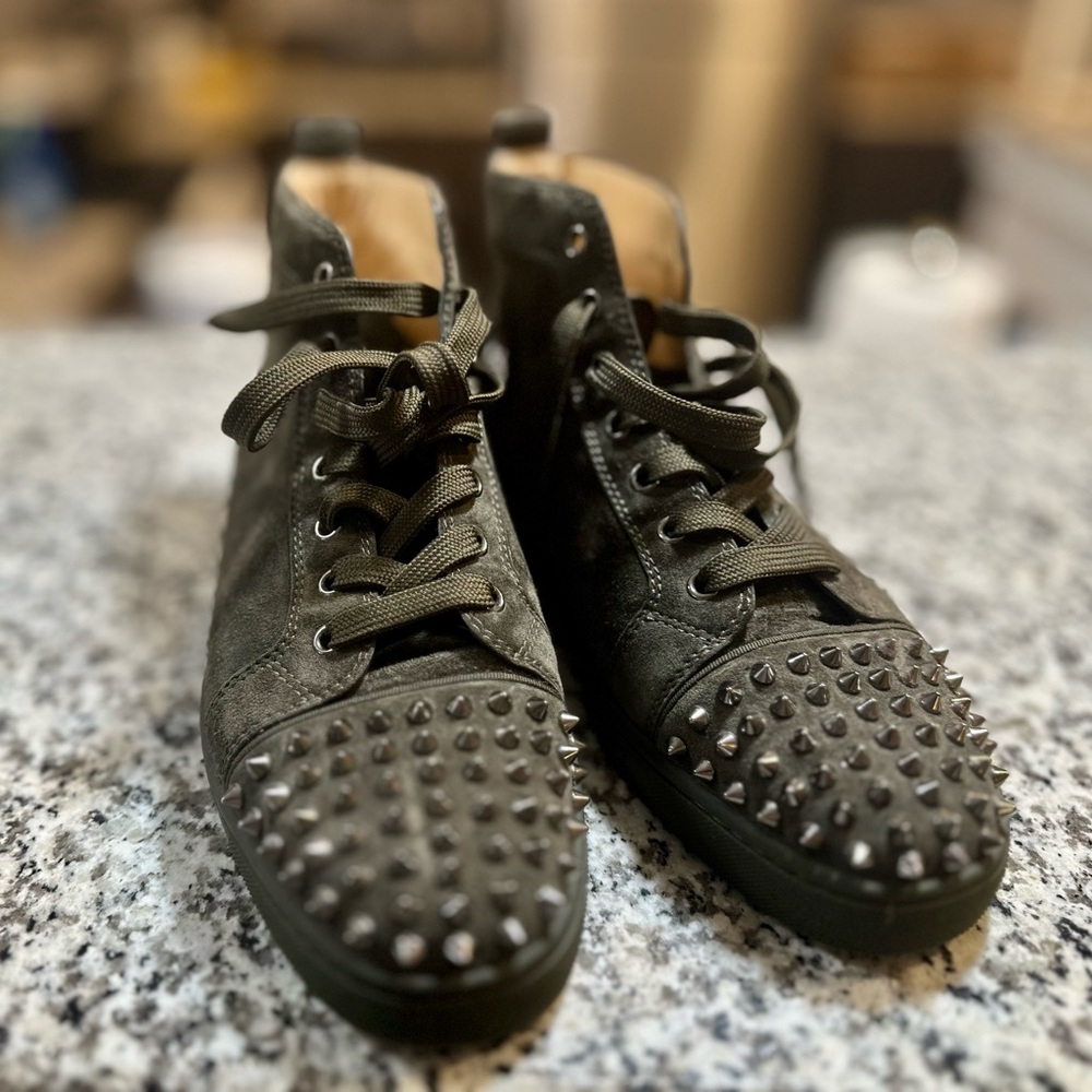 Christian Louboutin Olive Green Suede Lou Spikes High Top Sneakers Size 41